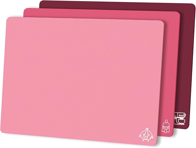 ZVP Flexible Plastic Cutting Board Set of 3 Gradient Color, Colorful Chopping Boards, BPA Free Mats, Non Slip, Dishwasher Safe, 15x12 Inch, Pink Multi-Color