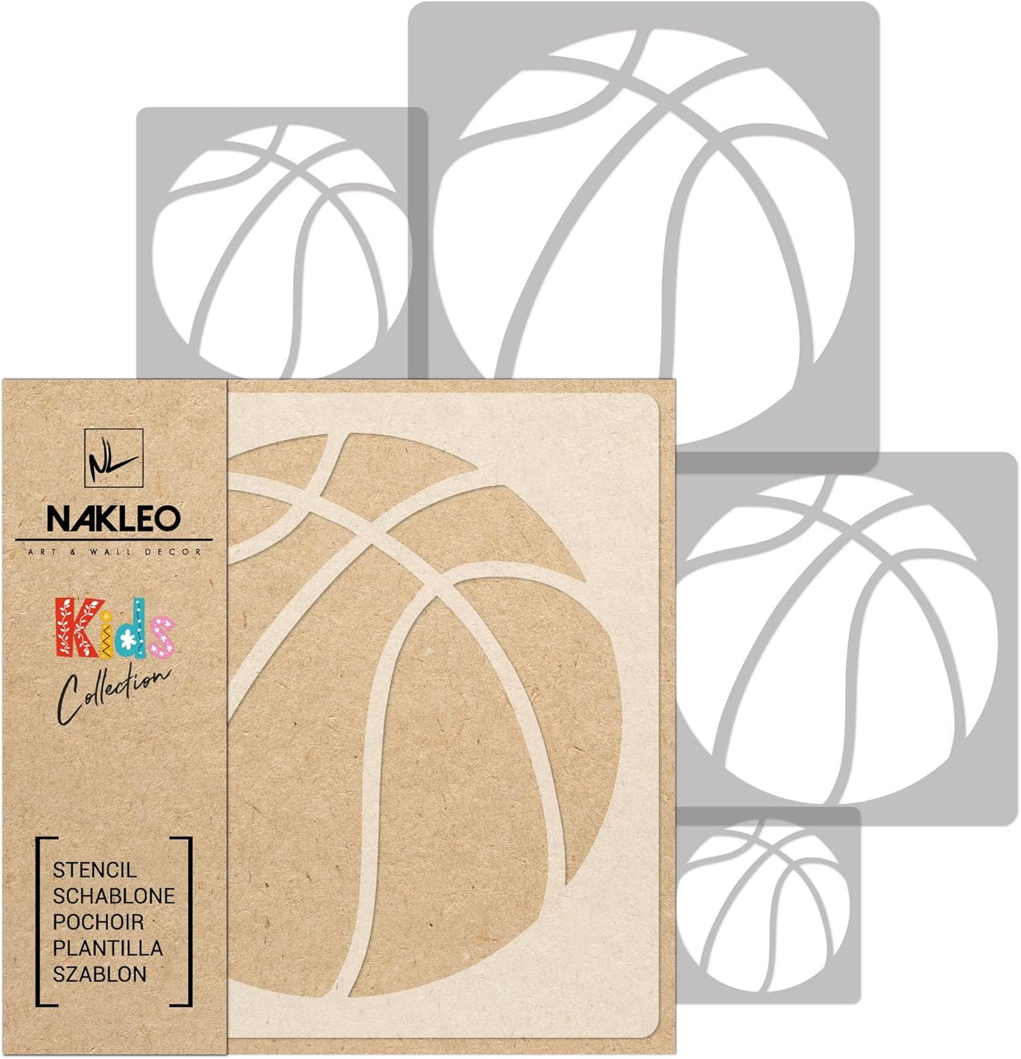 NAKLEO Painting Stencils Set for Kids, 5 Pcs Templates 3.5" to 13.4" Basketball Basket Ball, Plastic and Reusable Drawing Stencils, Children Room Decor, Craft DIY Wall Furniture