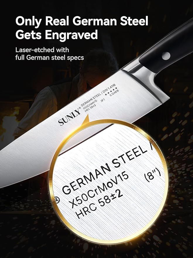 SUNLY 8 Inch Chef Knife – Full-Tang Professional Kitchen Knife, German DIN 1.4116 Stainless Steel, 58±2 HRC Hardness, Triple-Honed Blade, Anti-Slip Handle, Premium Box for Christmas Gifts