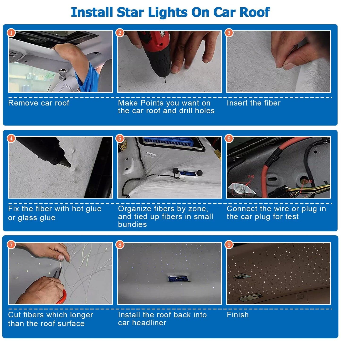 AZIMOM Fiber Optic Starlight Headliner Kit, 500pcs 0.03in 9.8ft, Black, Model USC-Black16WT, Twinkle & Sound Activated