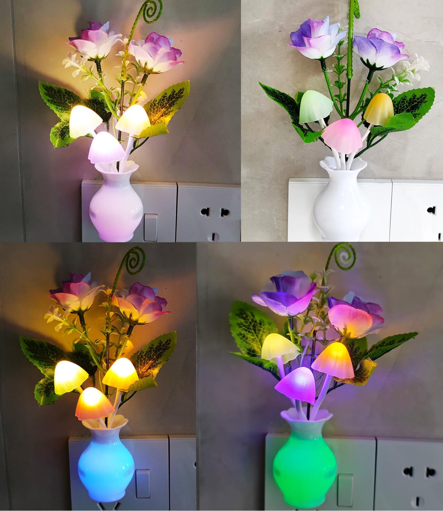 AUSAYE LED Night Light Sensor - 4 Pack Purple Rose Flower, Energy Saving, Plastic, Model 7413, Ideal for Kids and mature-themeds Bedroom, Bathroom