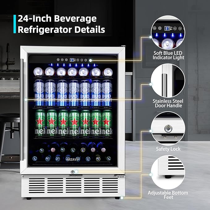 24 Inch Beverage Refrigerator, 180 Can Capacity Beverage fridge, Built in or Freestanding Drink Cooler with Glass Door, Under Counter Beer Fridge, LED Indicator Light and Adjustable Shelve