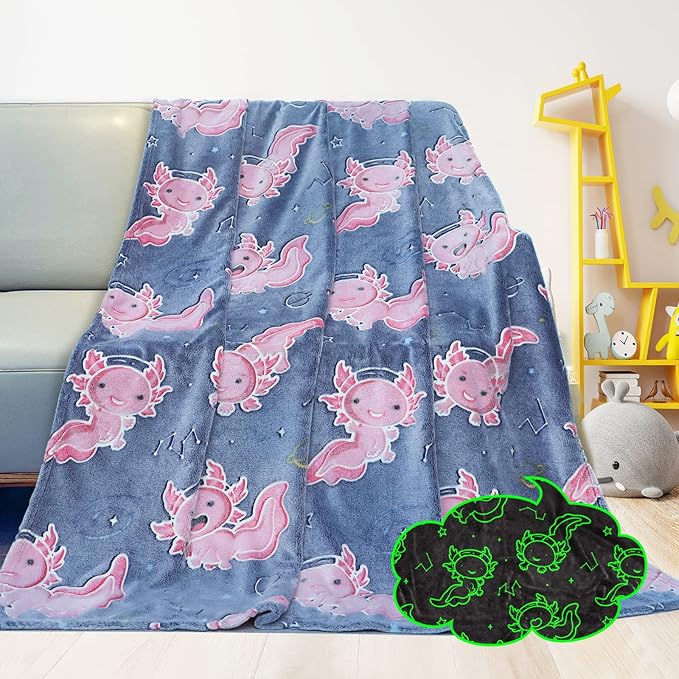 Axolotl Blanket Glow in The Dark Salamander Soft Blankets Pink Axolotl Gifts Toys Decor Cute Cozy Plush Blue Kids Throw for Boys Girls Teenage
