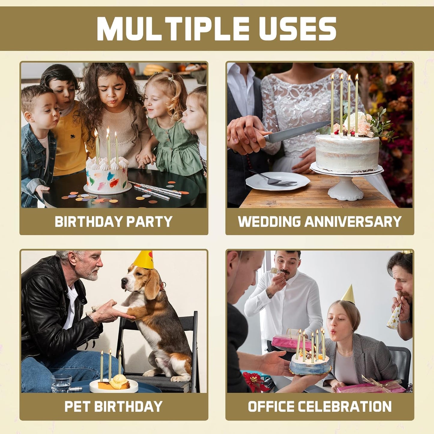 Bundaloo Gold Birthday Candles for Cake - Set of 48 Gold Candles for Birthday Cakes - with Plastic Holders, 5.5" Long, 0.20" Thickness