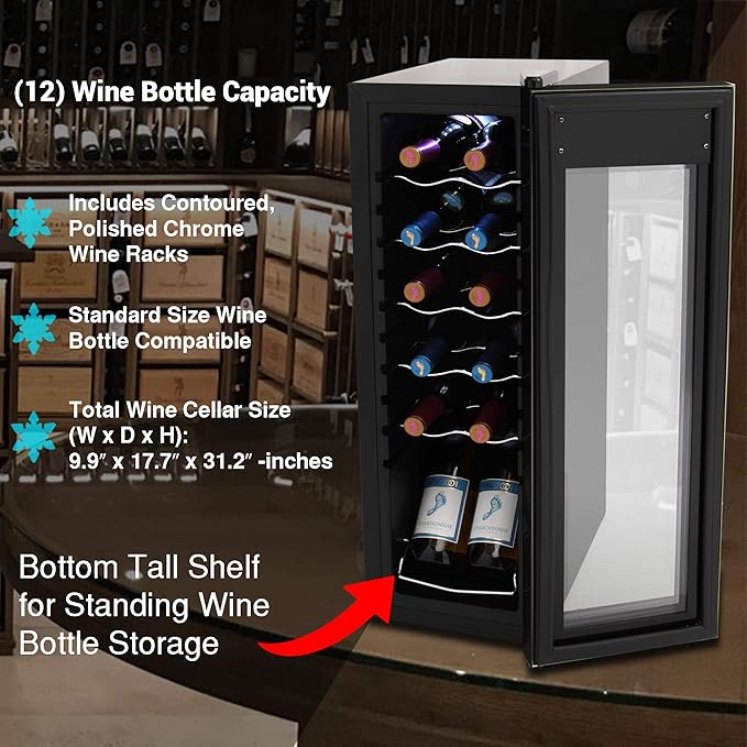 Nutrichef 12 Bottle Stainless Steel Slim Wine Fridge | Red & White Wine Chiller | Adjustable Temperature Control, Ultra Quiet Operation & Energy Efficient | Mini Wine Cooler Refrigerator 31x10x17 IN