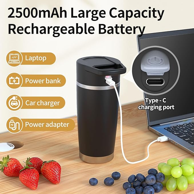 Portable Blender for Smoothies&Shakes 24oz Insulated Cup Cordless, Personal Small Licuadora Portatil With Stainless Steel Bottle, USB-C Rechargeable Travel Blender, BPA Free, for Juicing(Black)