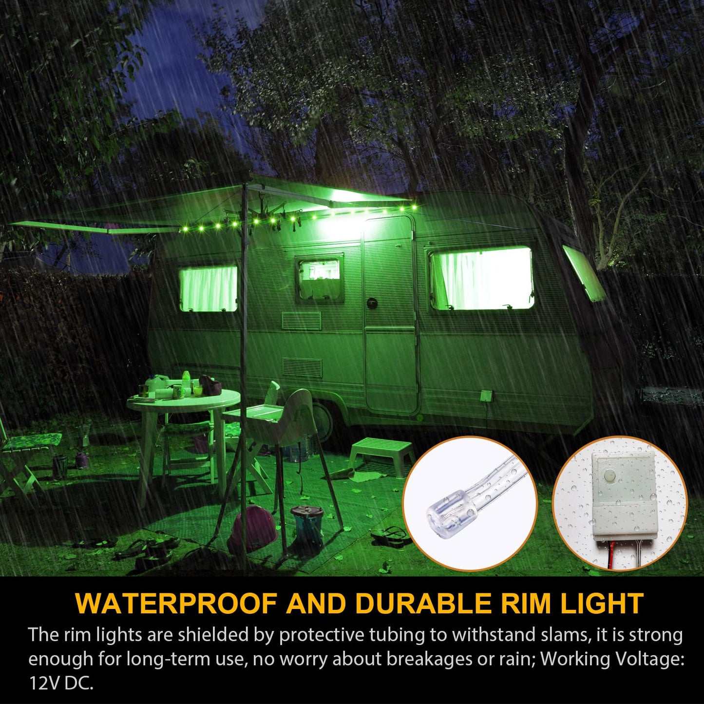 Waybelive LED RV Awning Lights, 16.4Ft Remote Control, 16 Color Options, Waterproof, DC 12V, Multicolor
