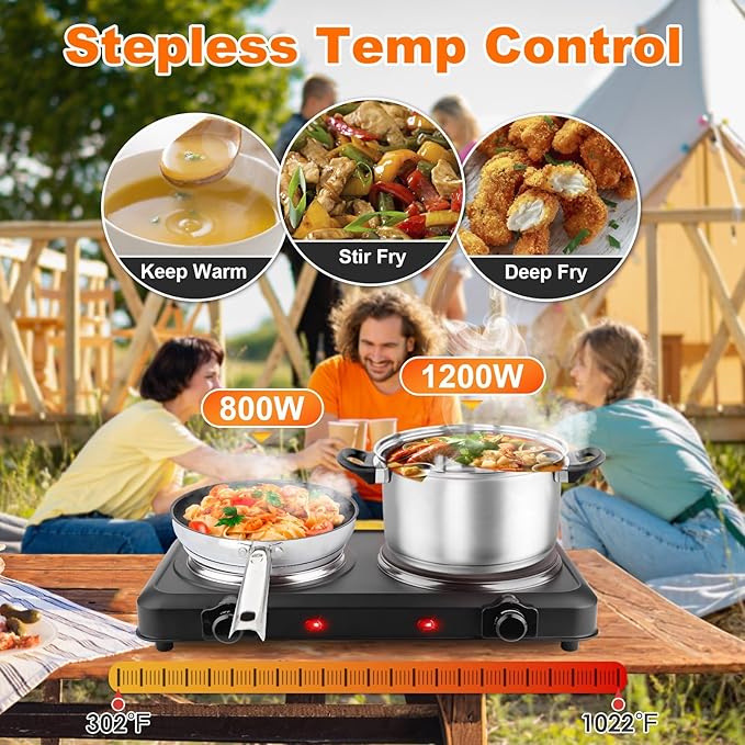 Double Burner Infrared Electric Cooktop, 2000W Double Burner Hot Plates for Countertop with 7.5” & 6.3” Glass Cooktop, Stepless Temperature Adjustments for Home RV Camping