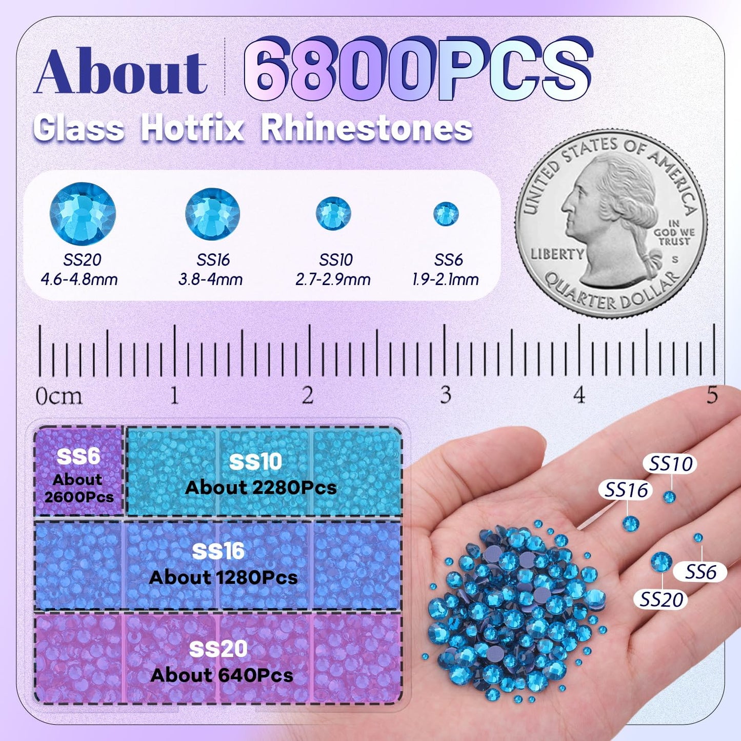 6800Pcs Hotfix Rhinestones for Clothing, Indicolite 2-5mm Mixed Sizes Iron On Flatback Glass Gems, Bedazzling Crystals Rhineston