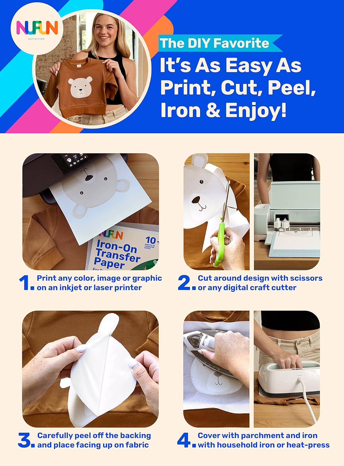 NuFun Activities Printable Iron-on Heat Transfer Paper for T Shirts, Dark Fabrics, 100 Sheets 8.5 x 11 inch, Long Lasting, Durable, Professional Quality, Easy DIY, Non-Toxic, Made In the USA