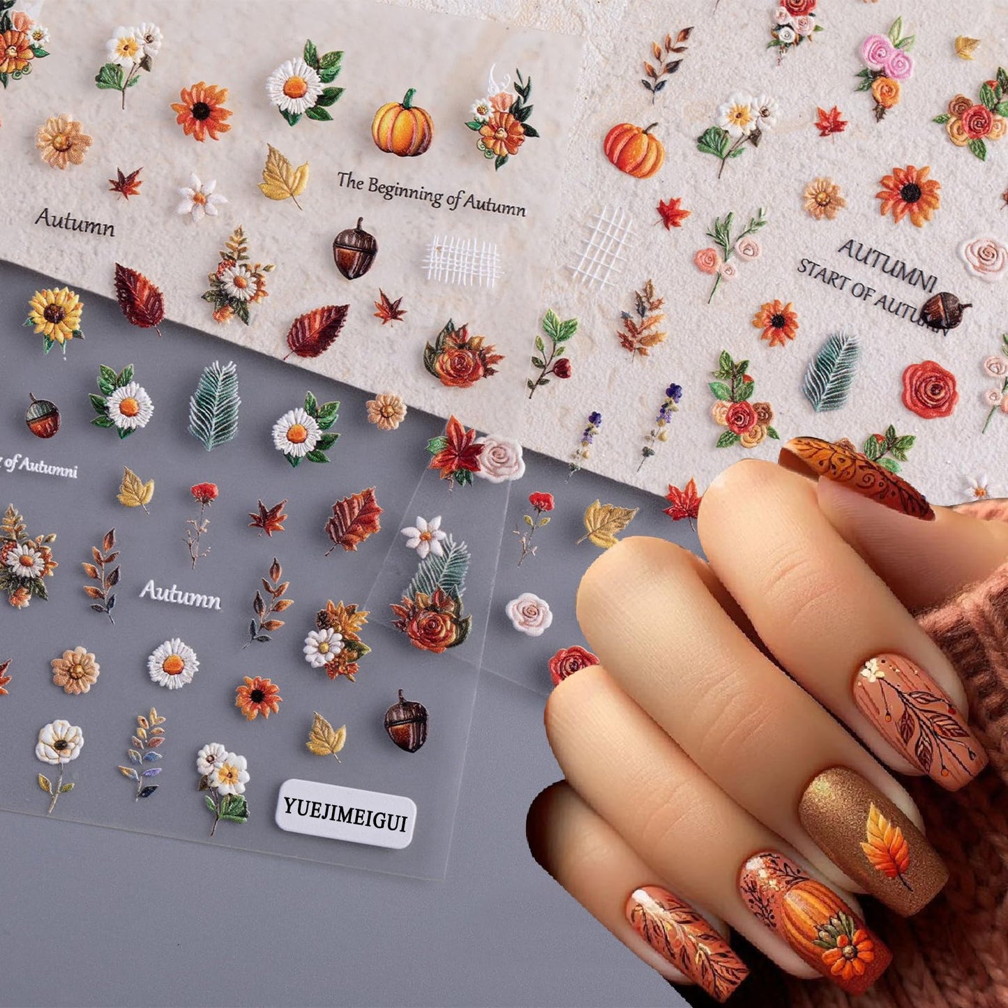 2 Sheets Maple Leaf Nail Art Sticker 5D Embossed Thanksgiving Pumpkin Nail Stickers Pinecone Rose Ginkgo Leaf Design Nail Decals