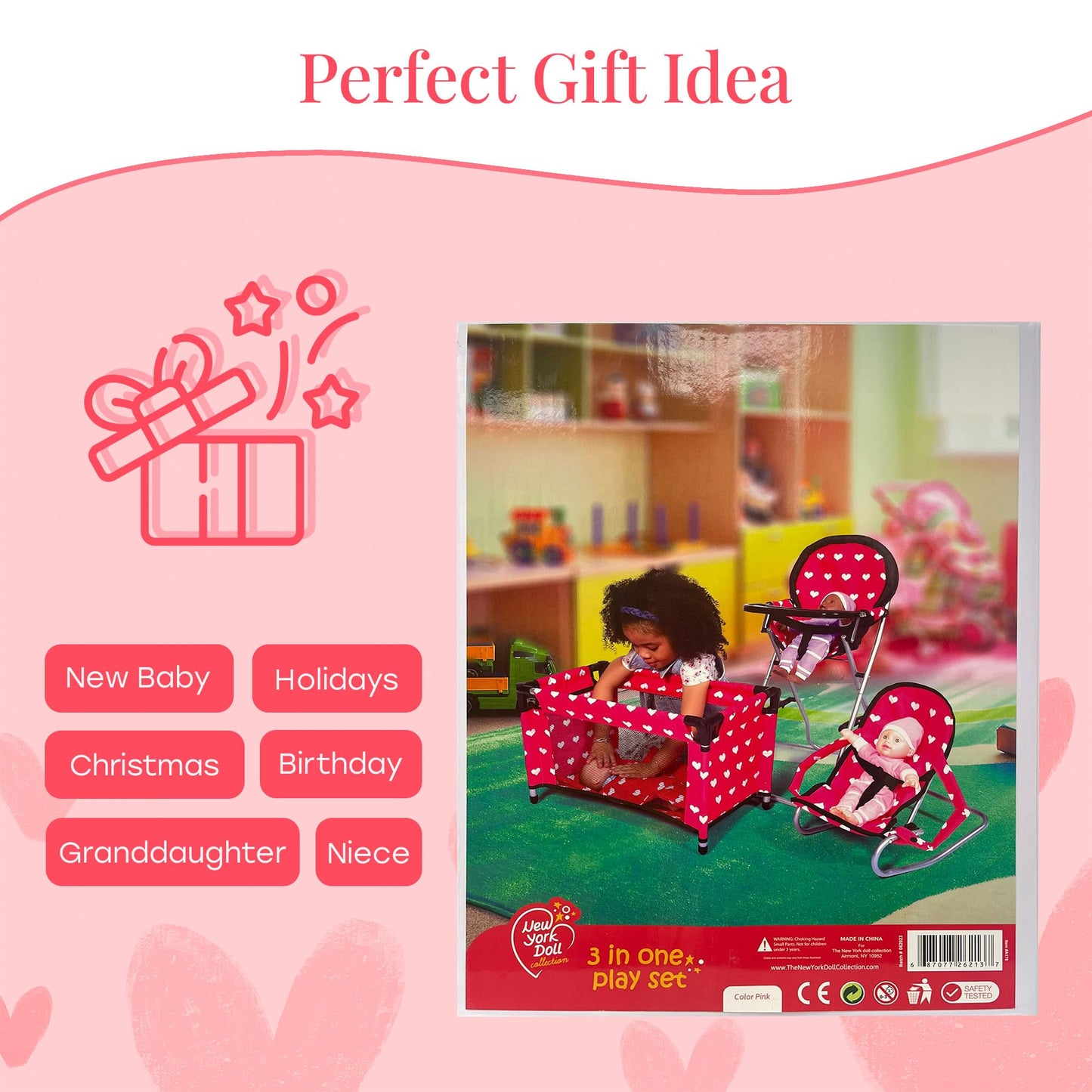 Mega Baby Doll Accessories Set, 3-1 Baby Doll Crib, Baby Doll High Chair & Bouncer Seat. 18 inch Doll Accessories with Doll Bed. 18" Dolls Furniture Play Stuff. Toys for Girls Ages 3-5,4-6,5-7,8-10