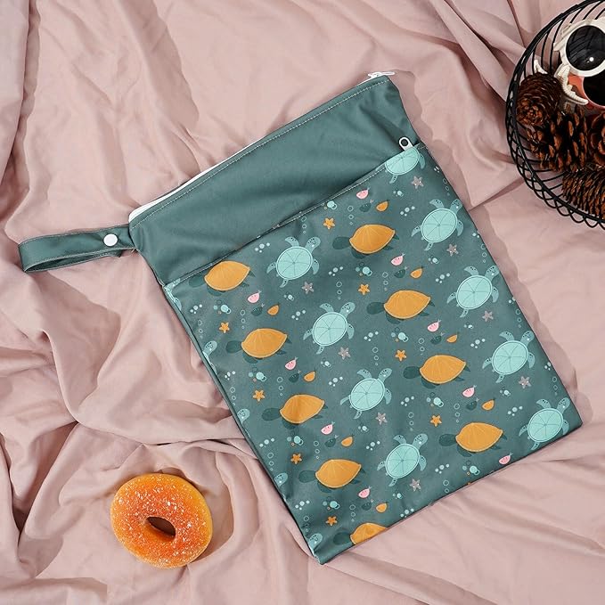 2pcs Wet Bags Waterproof Reusable Wet Dry Bag with Two Zippered Pockets Travel Beach Pool Daycare Yoga Gym Bag for Baby Cloth Diaper,Swimsuits,Wet Clothes (Turtles & Seagrass)