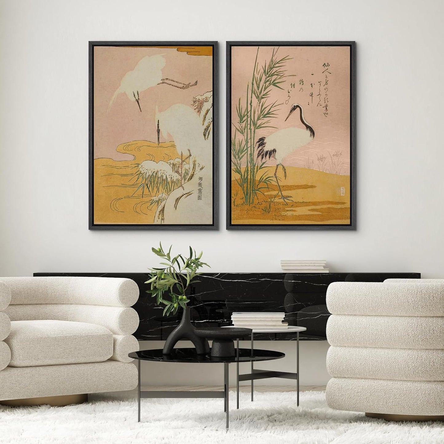 SIGNWIN Framed Canvas Print Wall Art Set Japanese Crane Vintage Style Bird and Bamboo Illustrations Modern Art Rustic Minimal for Living Room, Bedroom, Office - 16"x24"x2 Black