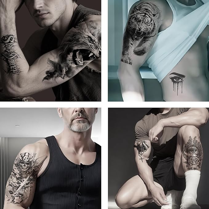DONGZISHANGDIAN Temporary Tattoos | This set of 76 haunting tattoo stickers is perfect for Halloween, featuring dark elements and totems. For various parties and cosplay. Unisex, bold, trendsetting.