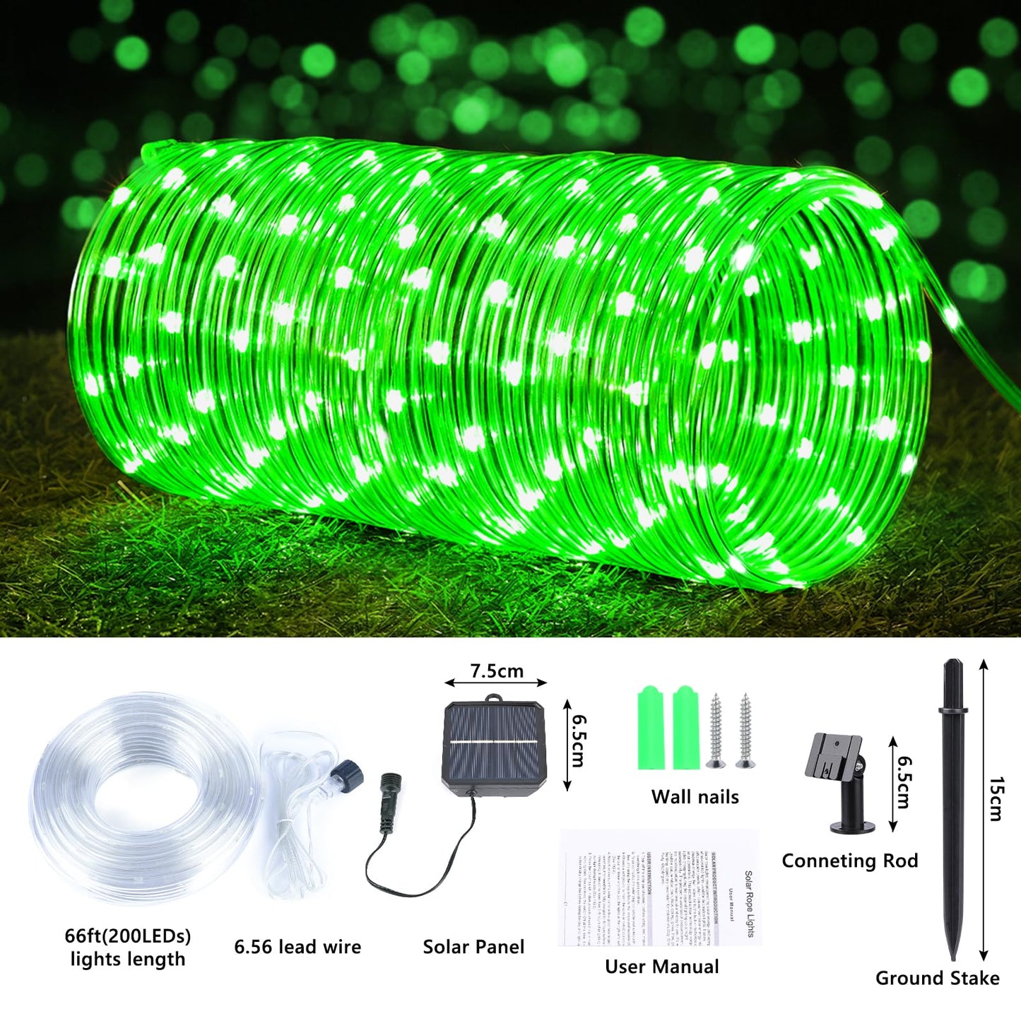 Jnaurb Solar Rope Lights, 66ft 200LED Waterproof Outdoor String Lights, Flexible Clear Tube, Green