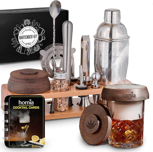 Bartender Kit with Whiskey Smoker - 13 pcs, Bamboo Stand - Bar Set with Cocktail Shaker, Bartending Kit with Essential Bar...