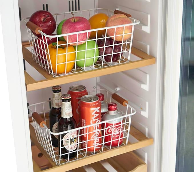 Wire Kitchen Storage Basket 4 Packs,Perfect Pantry Organization Accessories Baskets,Laundry Basket,With a Wooden handle,Suitable for Kitchen,Bathroom,Bedroom,Tabletop,Stackable,White