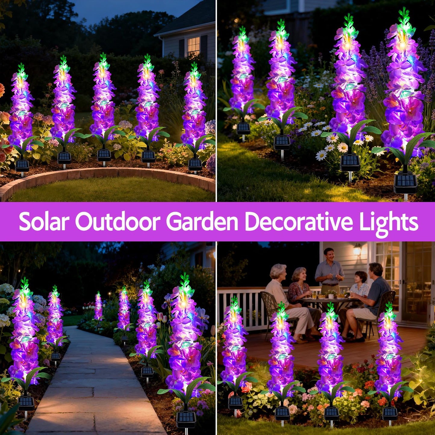 Mrhephaestus Solar Garden Lights  Solar Purple Delphinium Flowers Lights 4 Pack 80 Leds  Waterproof Outdoor Light Two Lighting Modes For Outside Wedding Party Garden Yard Patio Lawn Decor