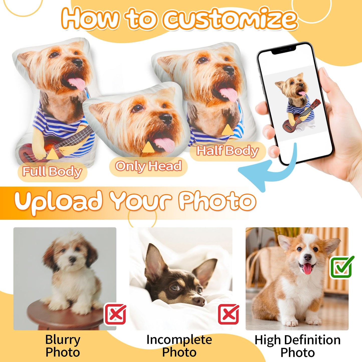 Easycosy Custom Photo Pillow, Personalized Pet Pillow Shaped Like Your Dog Cat, Customized Stuffed Animal Picture Pillowcase, Memorial Gifts for Her Him Birthday Gifts for Pet Lovers(8 Inch)