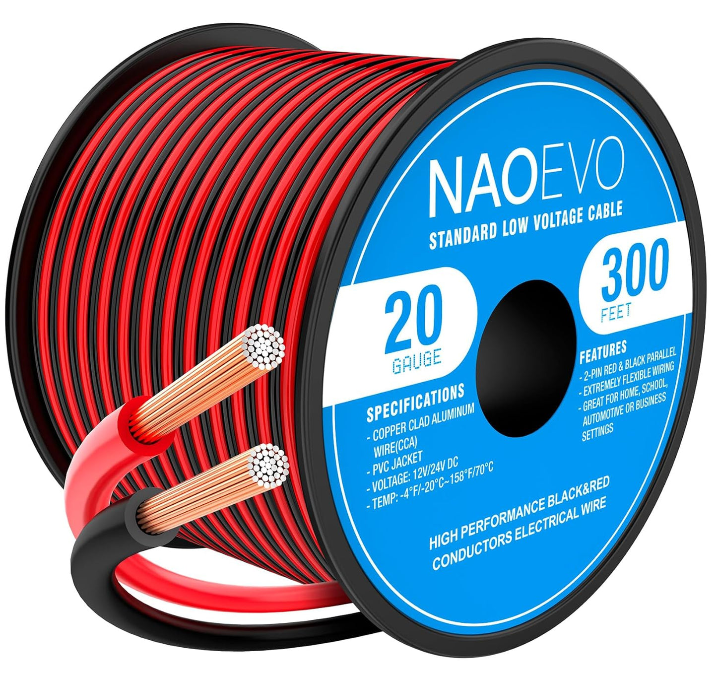 NAOEVO 20 Gauge Wire 300FT, 2 Conductors Electrical Wire Red Black Cable, Flexible/Low Voltage/PVC 20 AWG Copper Clad Aluminum Extension Cord for Speaker, LED Strips, Automotive 12V/24V DC