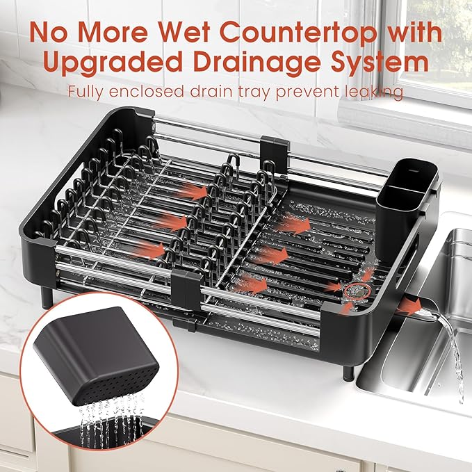 TOOLF Dish Drying Rack for Kitchen Counter, Extendable Dish Rack with Drainboard, Expandable Dish Drainer, Collapsible Dish Strainer with Cutlery Holder, Foldable Countertop Plate Rack, Dark Black