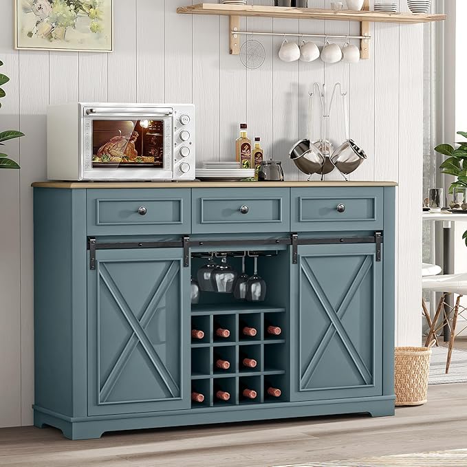 Contemporary Wine Bar Cabinet with Storage, Liquor Cabinet with Rack for Inside Cabinet, Coffee Bar Cabinet with Sliding Barn Door, Buffet Table for Kitchen, Living Room, 54 Inch (Dawn Blue)