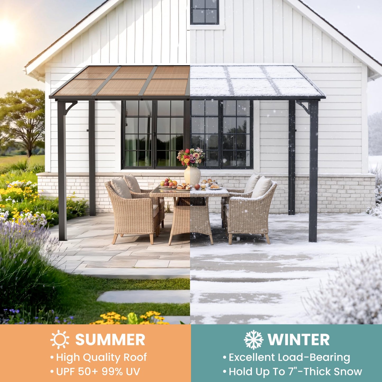 Pamapic 10 * 24FT Wall Mounted Gazebo,Hardtop Lean to Pergola,Outdoor Gazebo,Aluminum Frame Pergola,UV Resistant Polycarbonate Roof,Outdoor Patio Awnings for Deck,Backyard