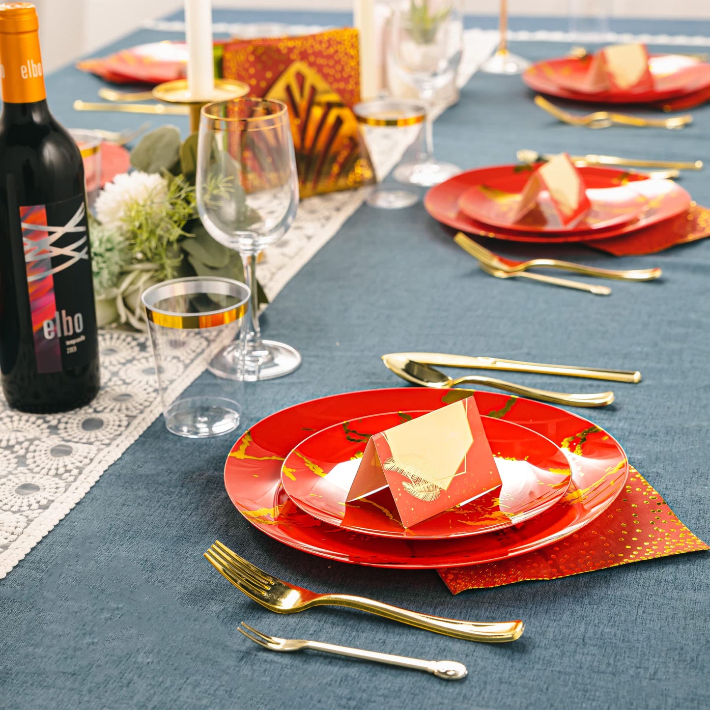 N9R 225PCS Red Gold Plastic Dinnerware Set - Disposable for Mother’s Day, Includes 25 Dinner Plates, 25 Dessert Plates, 25 Forks, 25 Spoons, 25 Knives, 25 Gold Cups, 25 Napkins & Table Cards
