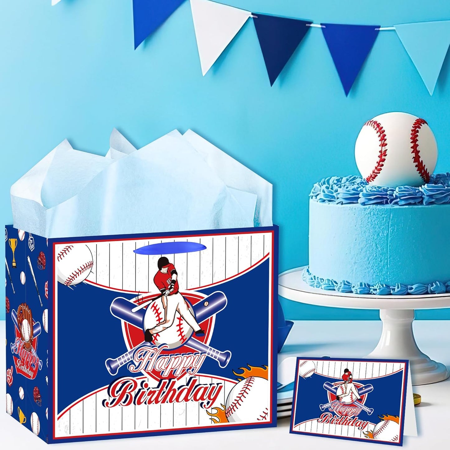 EoBeCy Baseball Birthday Gift Bag with Tissue Paper and Greeting Card, Large Baseball Wrapping Paper Bags, Happy Birthday Gift Wrap Bags for Men Boys Kids Teens Sports Themed Party Favors
