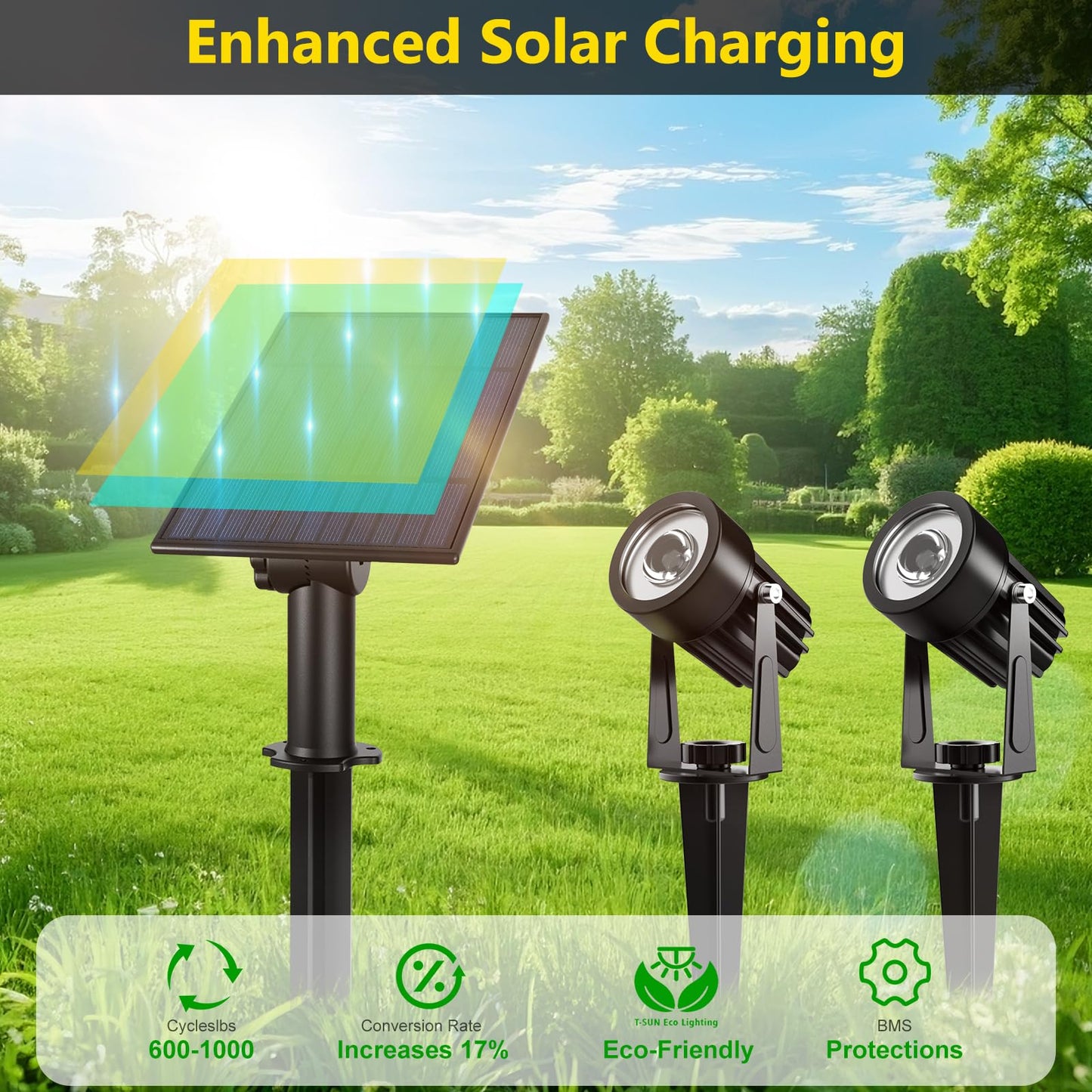 T-SUN 2W Solar Spotlights, LED Outdoor Landscape Lights, Waterproof, Dual Head, 2-IN-1, Cold White