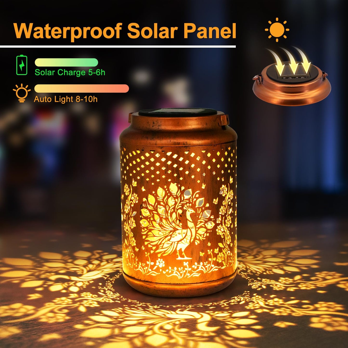 YISITEONE Peacock Solar Lanterns 4 Pack, Waterproof Metal Hanging Lights for Garden, Brown, Model ES04250700009