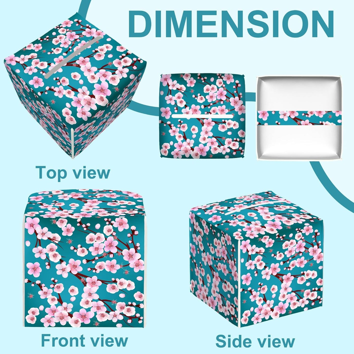 Pink Cherry Flowers Tissue Box Cover Square,Plum Leather Tissue Holder with Bottom Belt,Waterproof Leather Facial Paper Organizer Tissue Box Cover for Home Office Vanity Countertop,5.2" x 5.2" x 5.2"