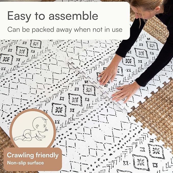 Lillefolk Baby Play Mat for Floor – 6x6ft Boho | Soft Non Toxic Premium EVA Foam Tiles for Tummy Time, Crawling & Playroom – Waterproof Interlocking Floor Mat for Babies & Toddlers (9 Tiles)