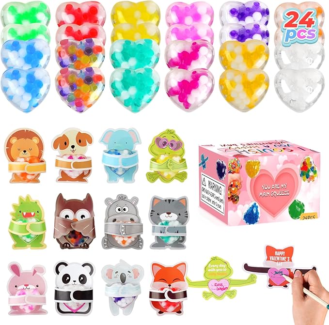 24Packs Valentines Day Heart Stress Balls with Cards,Squishy Squeeze Balls Bulk Fidget Toys for Adults,Stress Relief Ball...