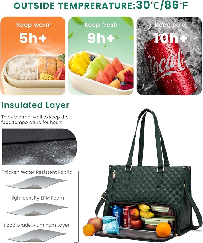 LOVEVOOK Lunch Tote Bag for Women, 15.6 Inch Laptop Bag with Insulated Lunch Compartment, Quilted Large Capacity Computer Handbag with Purse for Business, Work, Nurse, Collage, Office, Casual, Green