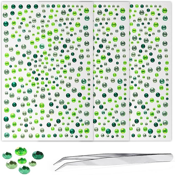 975PCS Gem Stickers Jewels for Crafts Face Gems 3/4/5/6MM Hair Nails Craft DIY Decor Makeup Stick on Body Crystal Clear Crystal Face Jewels for Women Face Gems 3Sheets (Geen)