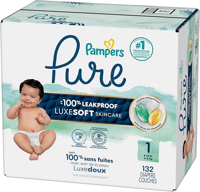 Pampers Pure Protection Baby Diapers, Size 1 (8-14 lbs), 132 Count, Up to 100% Leakproof, Premium Plant-based Skin Protection, Hypoallergenic Soft Diapers