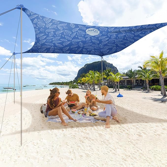 UMARDOO Family Beach Tent Canopy Sun Shade Portable, Large Compact Beach Sun Shelter Easy Setup with Packable Bag for Outdoor Travel (Printed Blue, 12X12 FT. 4Poles)