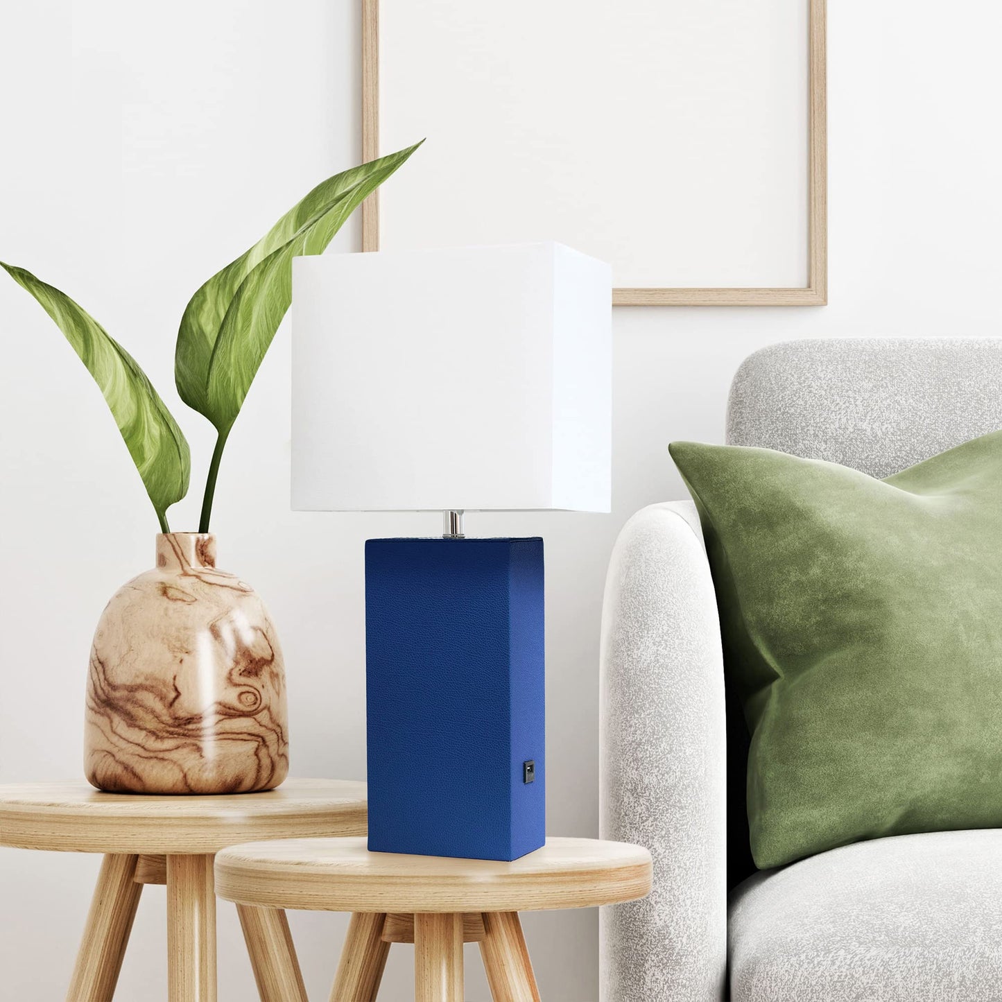 Lalia Home Lexington 21 Blue Leather Base Bedside Table Lamp With Usb Charging Port, Modern Décor For Living Room, Bedroom, Office