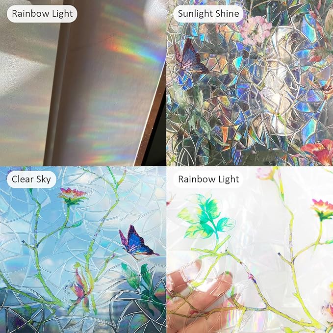 Rainbow Window Privacy Film Stained Glass Handmade Design for Bathroom, Watercolor Flower and Butterfly, 118.11" x 20.87"