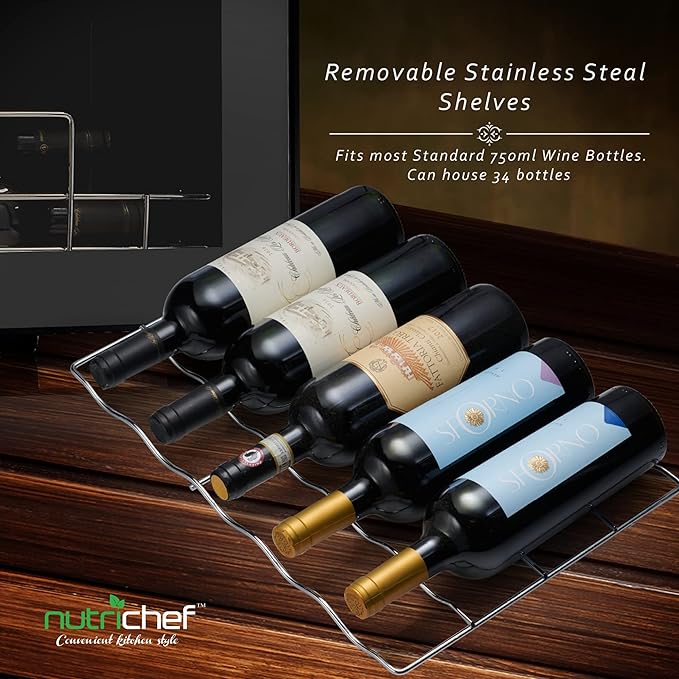 NutriChef PKCWC340 Wine Fridge, 34 Bottle Single Zone Beverage Chiller, 93.5L Capacity, 33x19x17 IN, Black