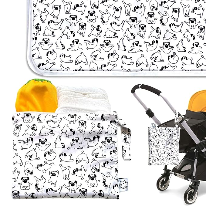 Flockthree Waterproof Baby Diaper Changing Pad with Storage Bag (28.7" X 19.7") Washable Wipeable Reusable Leak Proof Diaper Travel Mat Station Changing Mattress Liner Cribs Bed Cover, Dogs