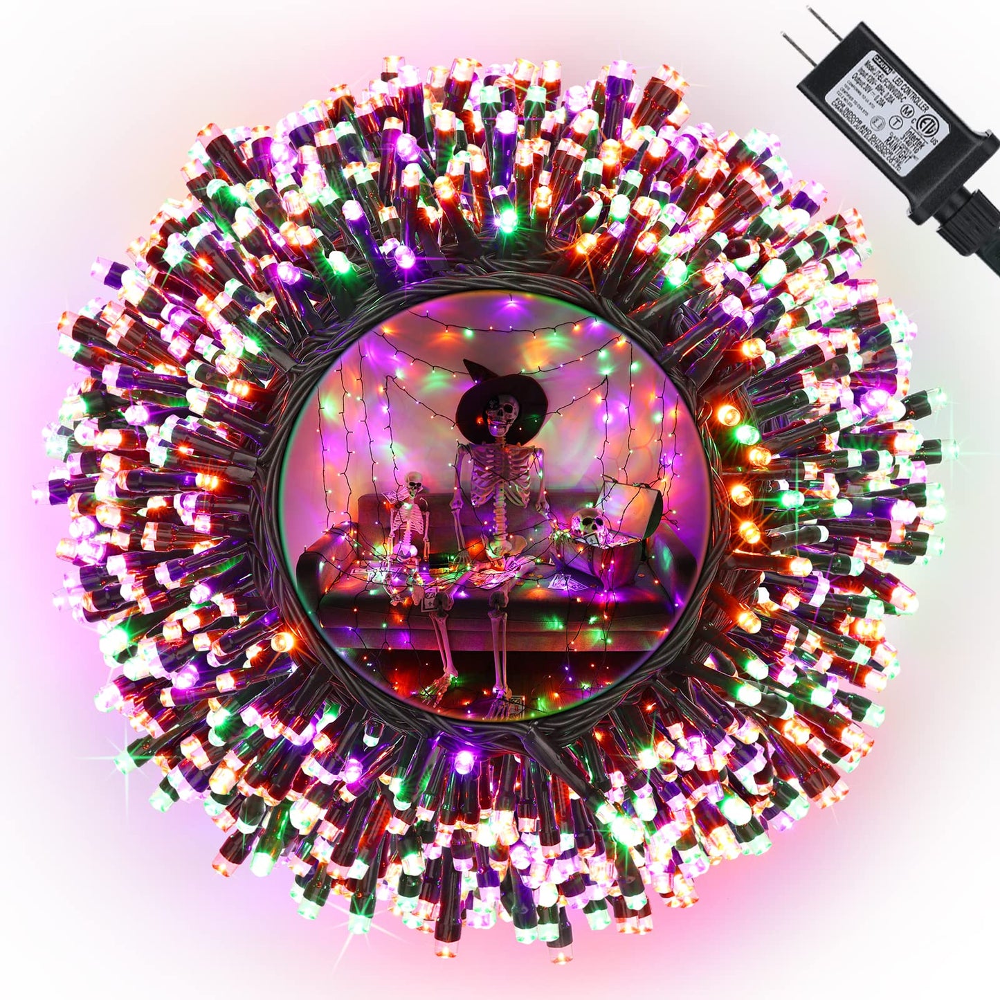Jnaurb Halloween String Lights, 300 LED, 114ft, Waterproof, 8 Modes, Orange, Green & Purple, Model LED0823300