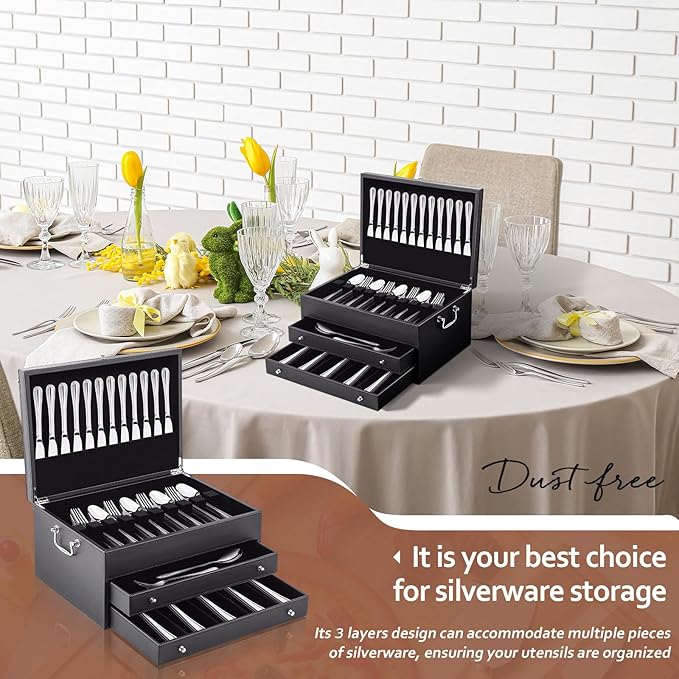 Leather Silverware Storage Box Flatware Storage Case with Felt Lined Leather Flatware Chest Silverware Organizer with Lid for Tableware Utensils Silver(3 Layer)