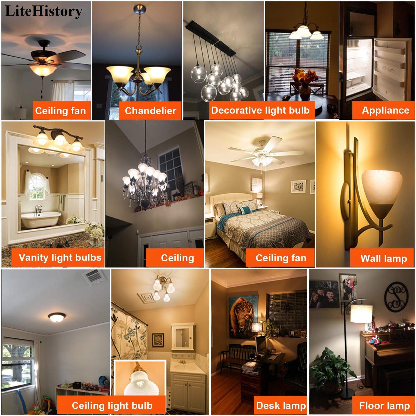 Litehistory A15 Led Bulb 4W (40W Equivalent) Warm White 2700K, Glass, 4 Pack