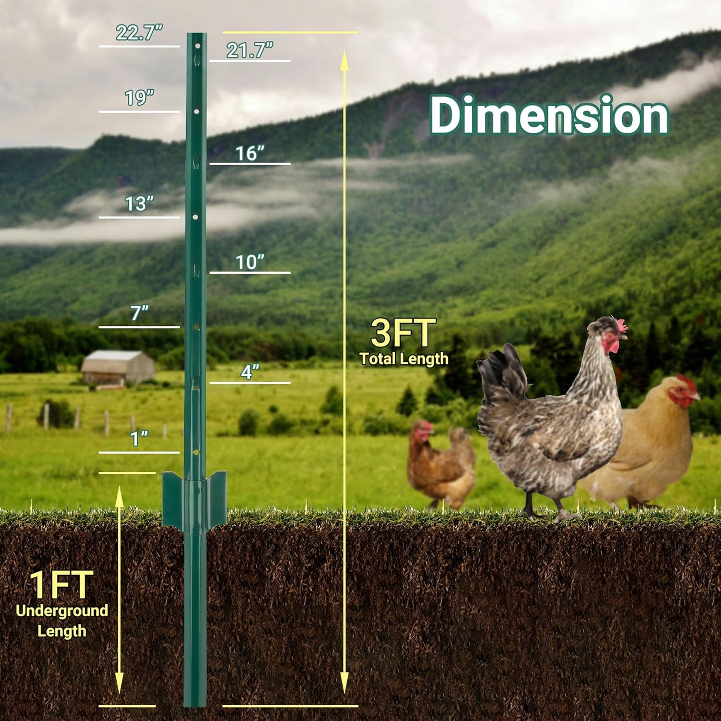 Fence Post 3 FT - 10 Packs, Metal Heavy Duty U Posts, Powder-Coated for Long-Lasting Use, Perfect for Holding Wire &Plastic Mesh, Corner Anchors, Green
