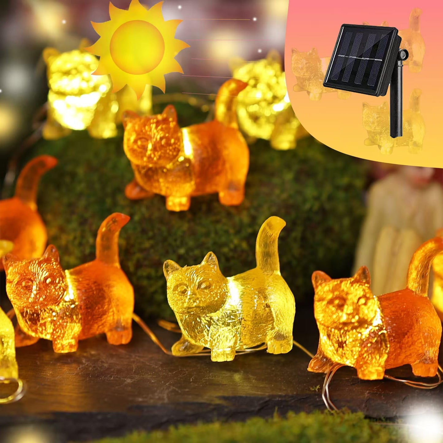 Solar Cat String Lights - Christmas Thanksgiving Holiday Decor - Waterproof Kitty Fairy Lights For Garden  Patio Summer Parties - Solar Powered Cat D?Cor For Festive 40Led 14Ft Fence Window Pond