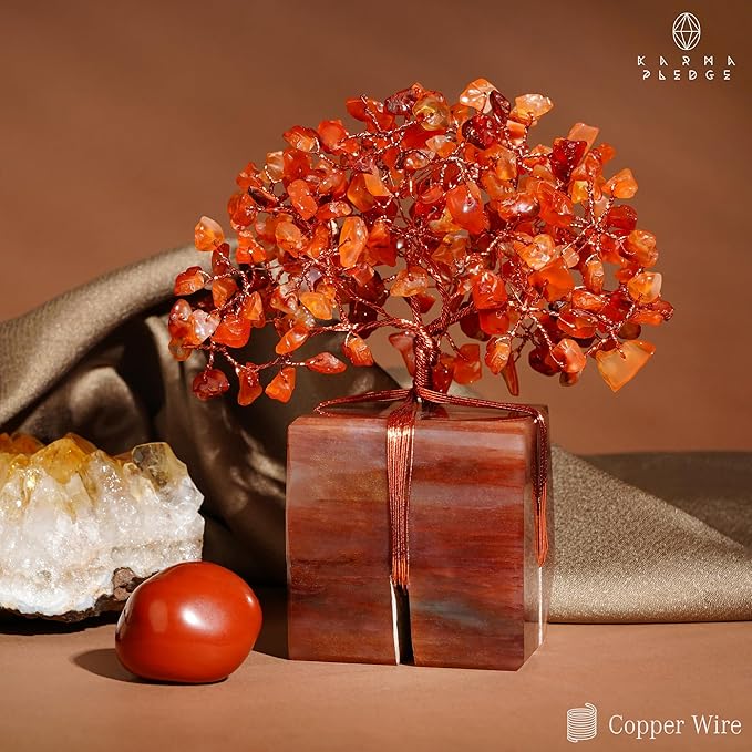 Crystal Tree for Birthday Gifts for Women, Handmade Raw Crystal Base Carnelian Chakra Healing Crystal Tree of Life for Positive Energy, Money, Good Luck, Christmas Décor, Home and Office Decor