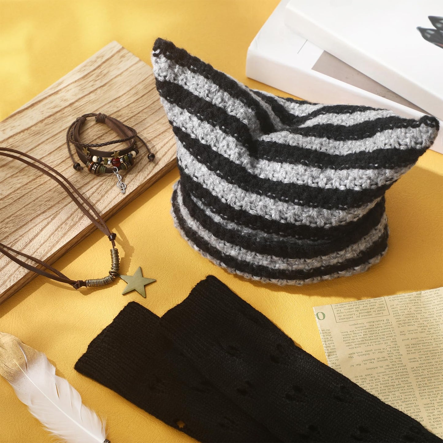 JaGely 4 Pcs Therian Grunge Emo Accessories for Women Cat Beanie Fairy Ripped Gloves Y2k Necklace Fairycore Bracelets Jewelry(Black)